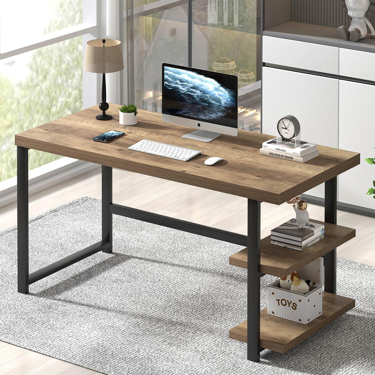 Rustic Oak Computer Desk With Industrial Grade Storage