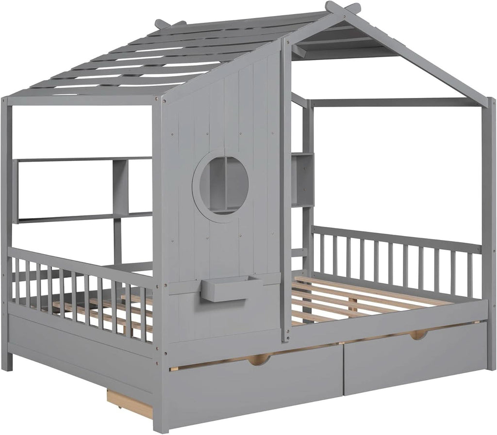 Kids Full Playhouse Bed With Drawers Shelves Storage