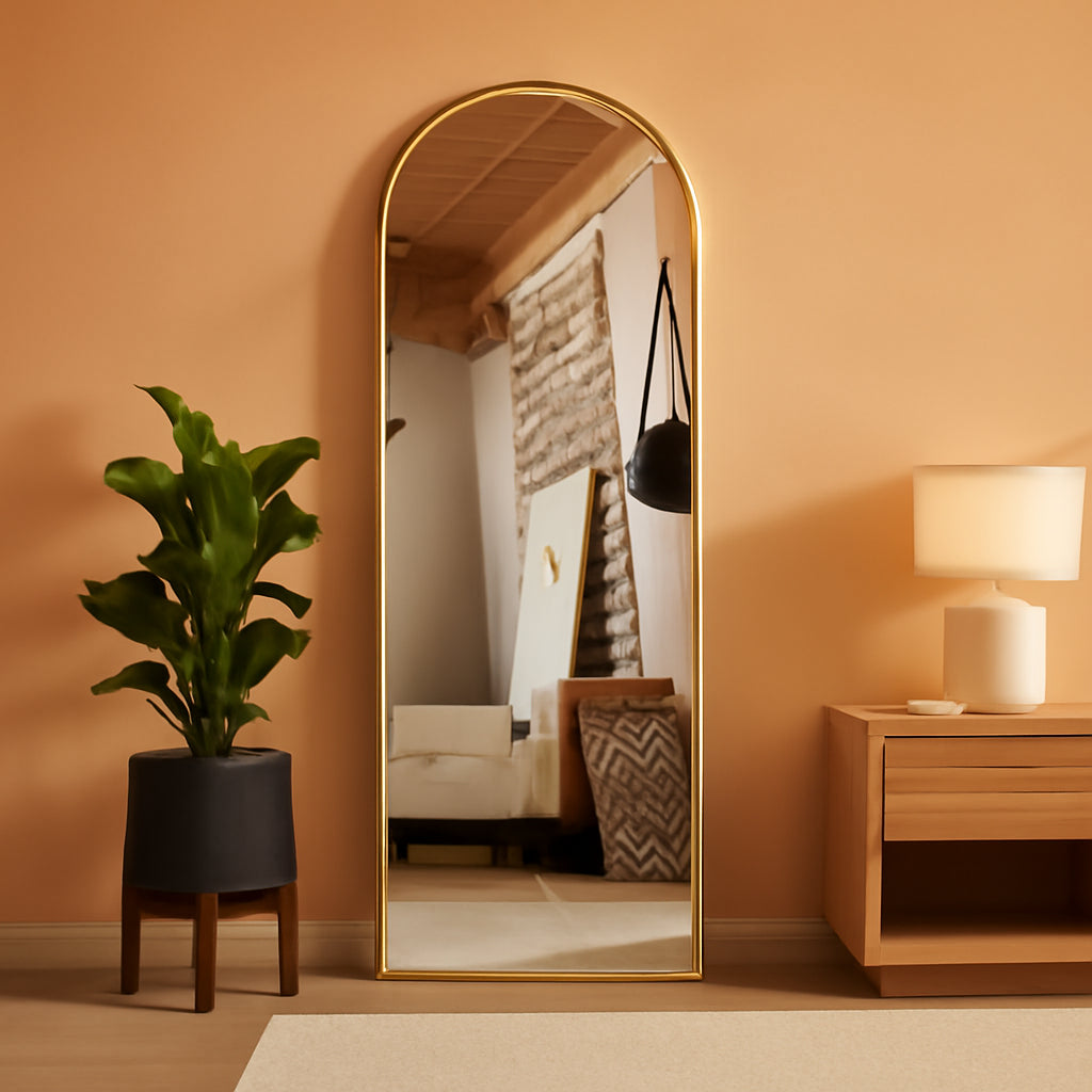 Gold Floor Mirror With Luxurious Arched Freestanding