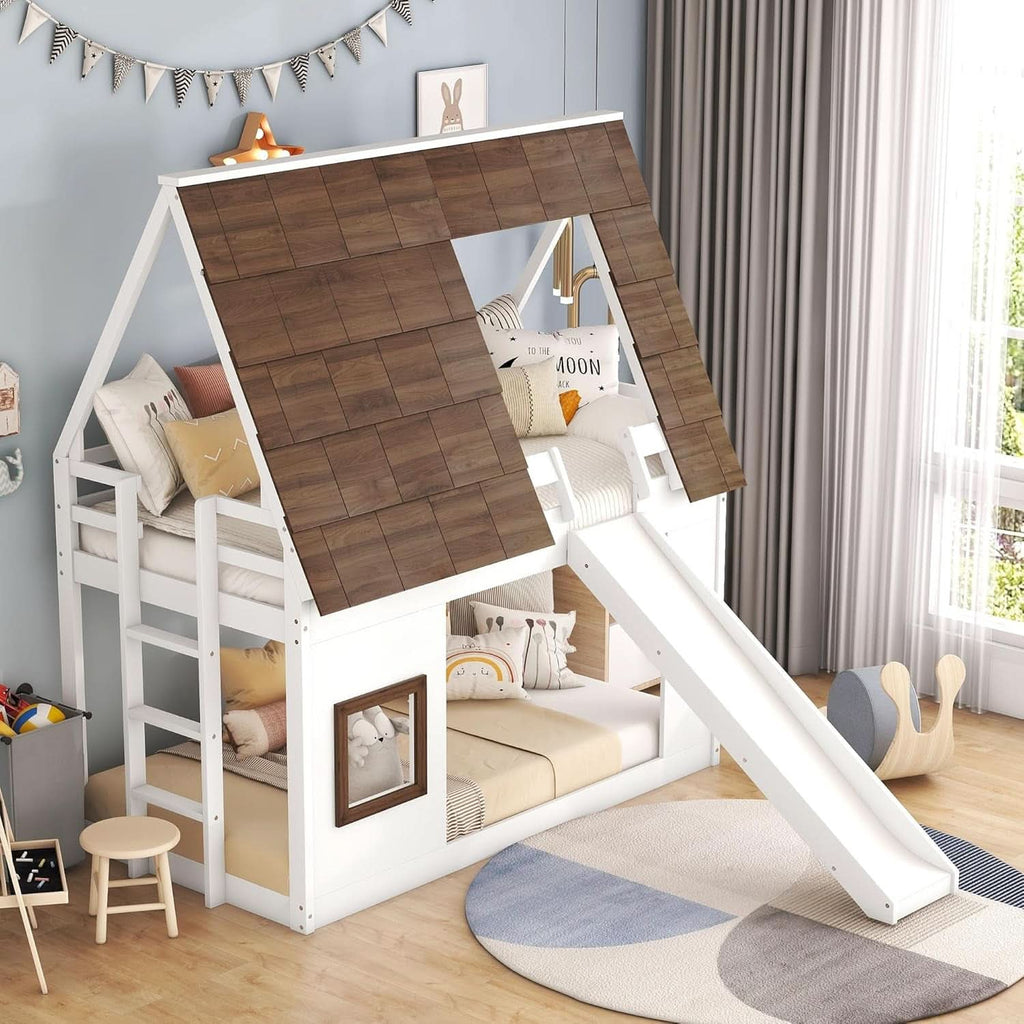 Twin Over Twin Bunk Bed With Slide For Kids Room Ready