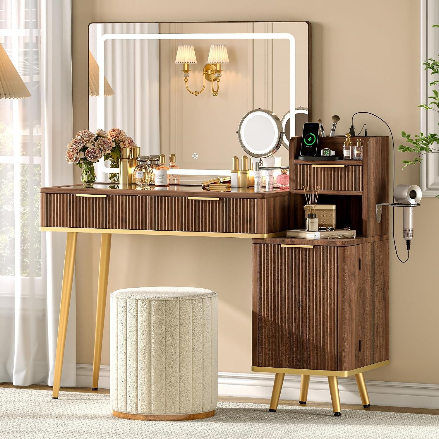 47 Inch Dark Walnut Makeup Vanity Desk With Mirror