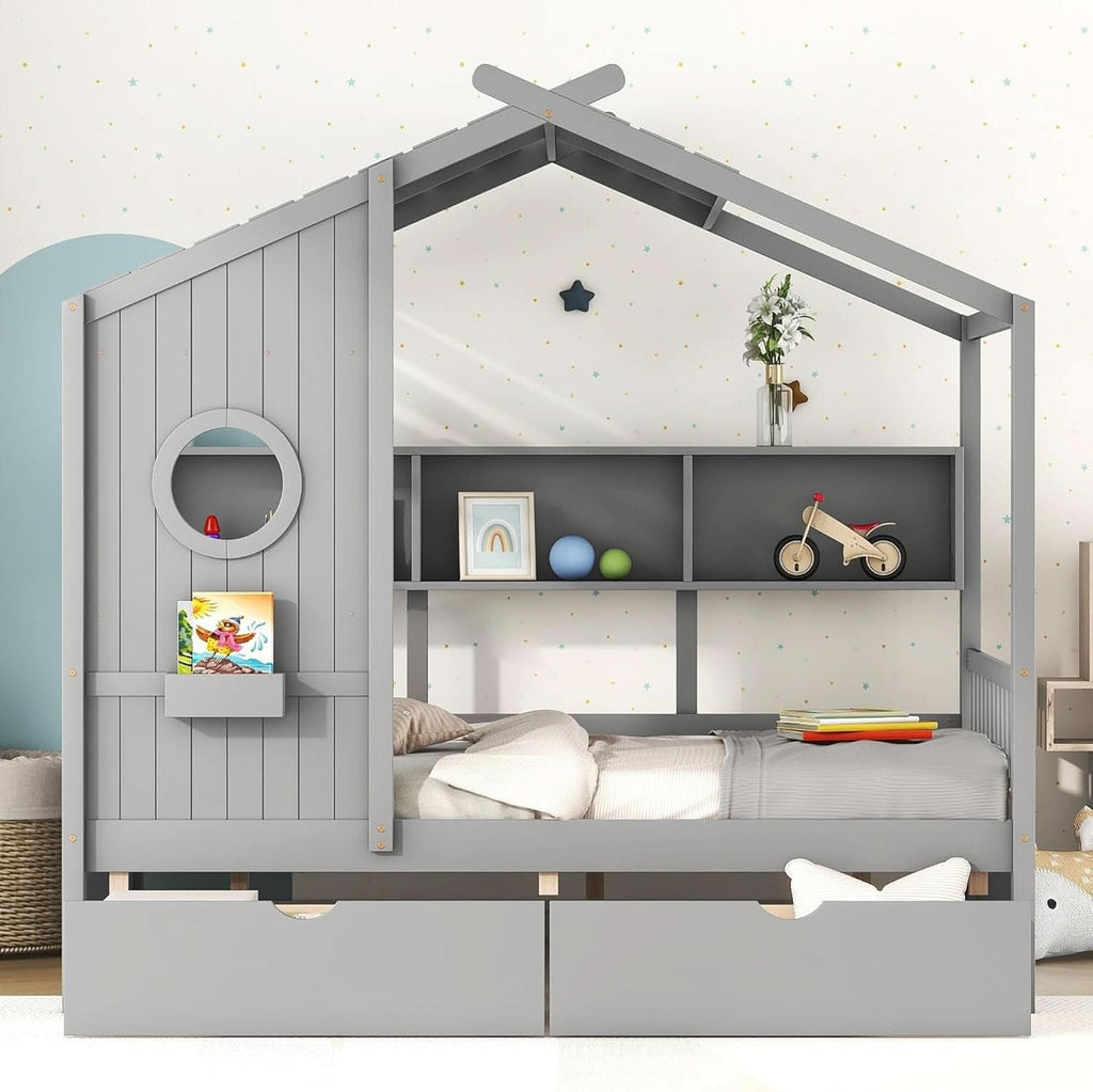Kids Full Playhouse Bed With Drawers Shelves Storage