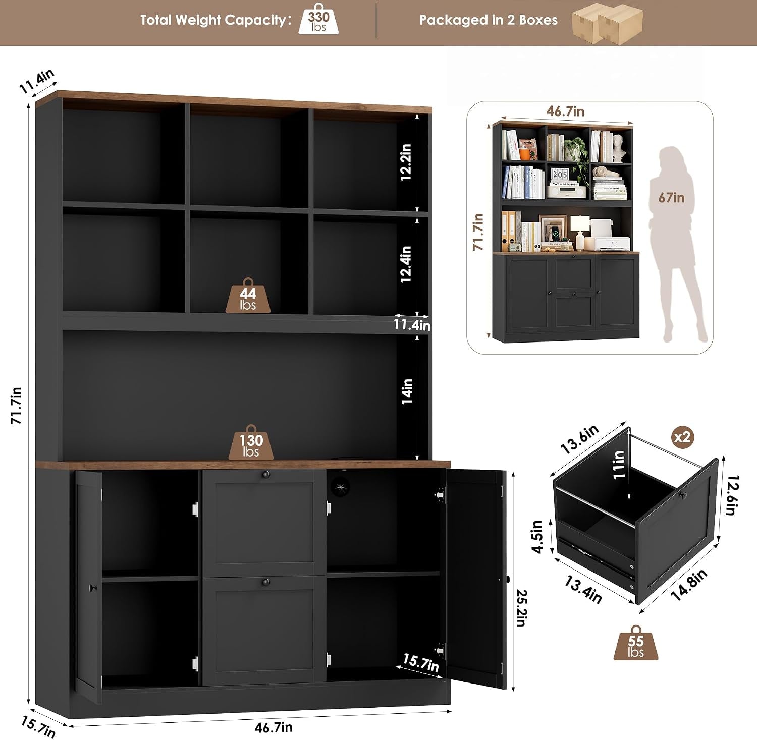 Seventy Two Inch Tall Black Bookcase With Power Out let System