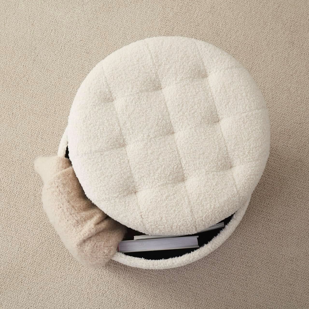 Round Storage Ottoman Boucle White Fabric Upholstery
