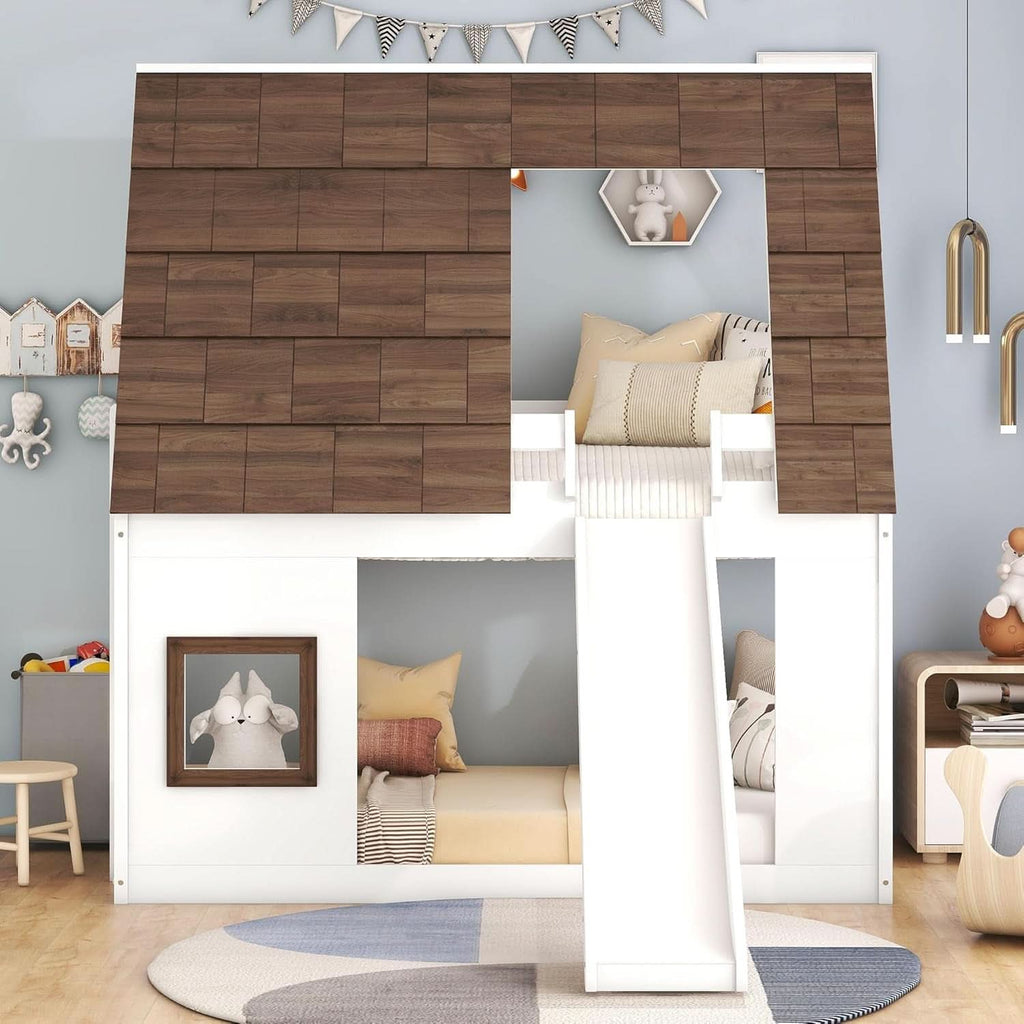 Twin Over Twin Bunk Bed With Slide For Kids Room Ready