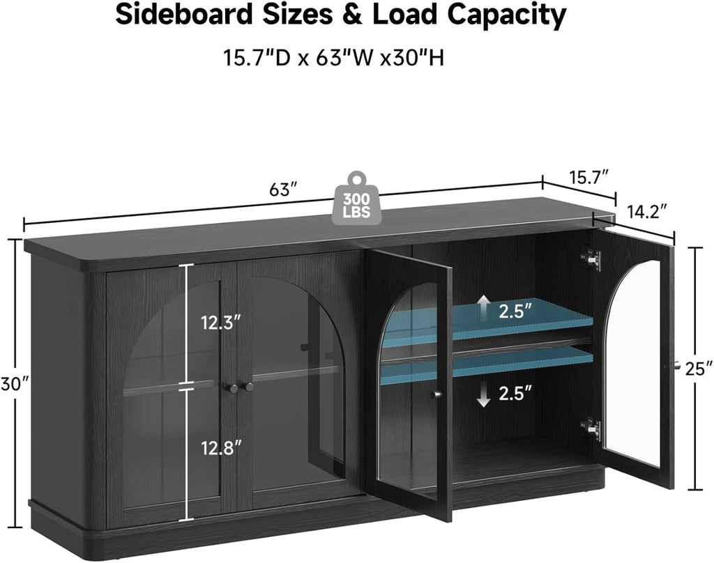 63Inch Black Sideboard Buffet Cabinet Glass Doors Modern