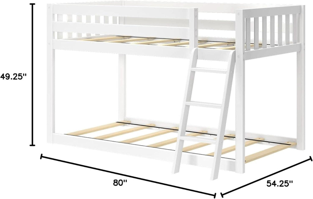 White Twin Low Bunk Bed Solid Wood Frame For Kids Safe