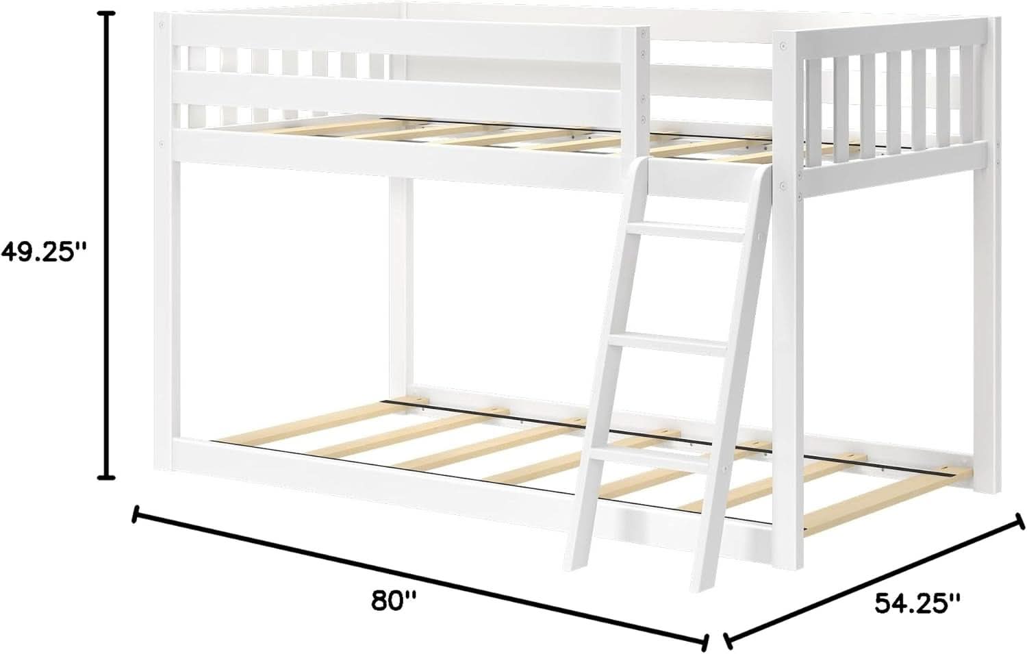 White Twin Low Bunk Bed Solid Wood Frame For Kids Safe