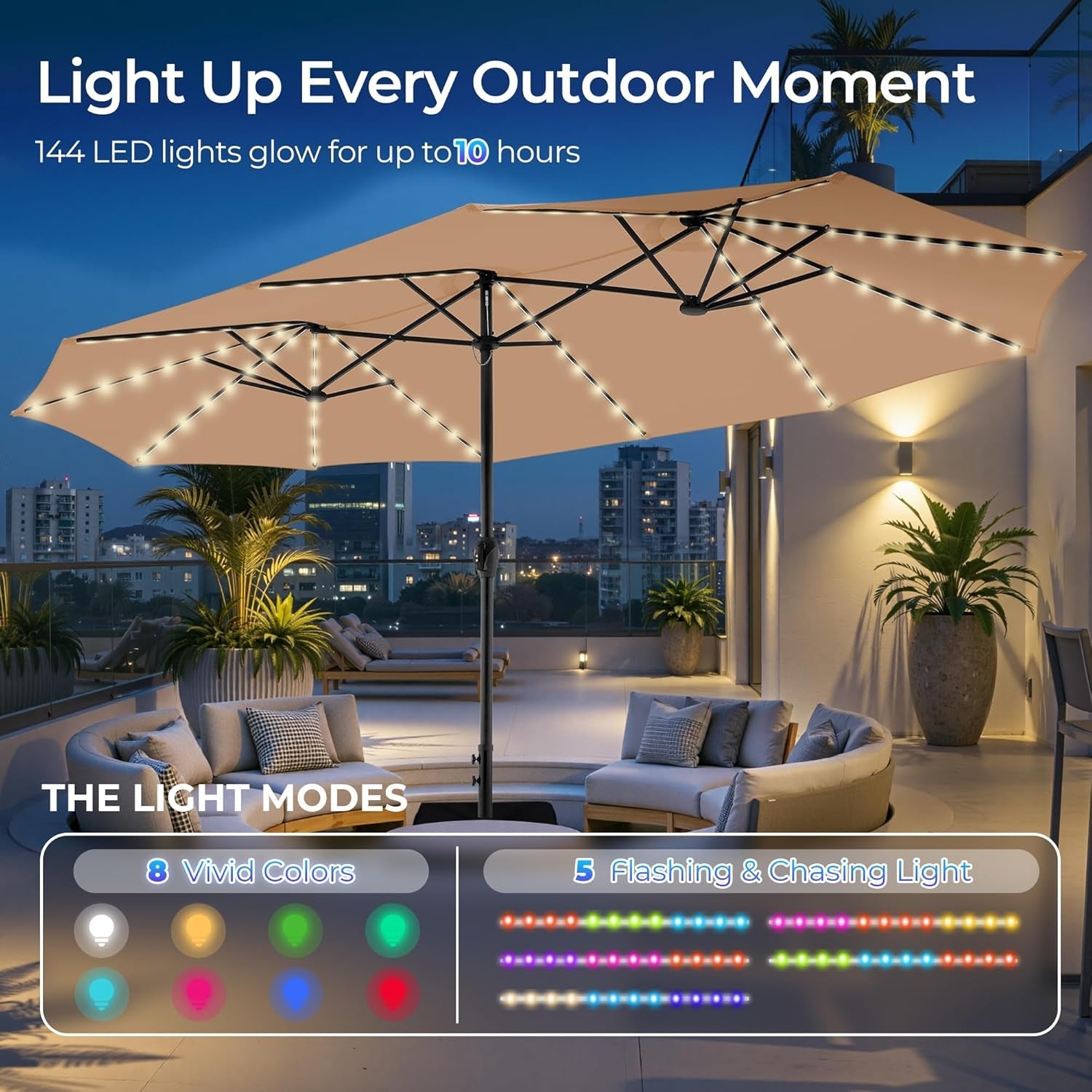 Beige 15Ft Patio Umbrella With Integrated LED Lights