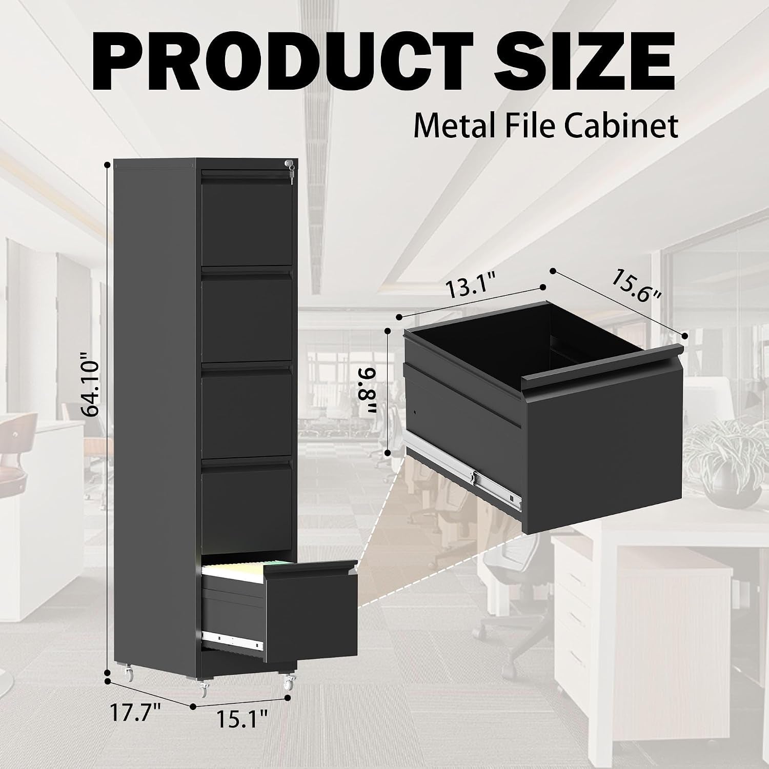 Black 5-Drawer Commercial-Grade Filing Cabinet Lockable