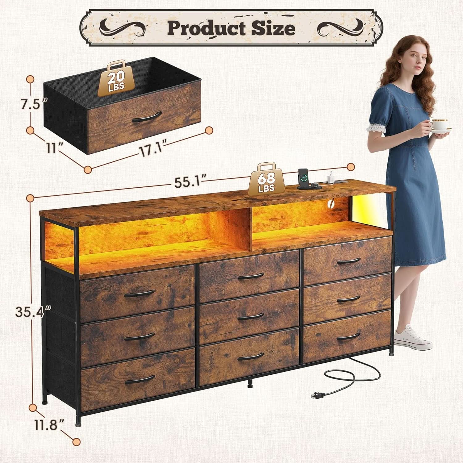 55 Inch Rustic Brown 9-Drawer Entertainment Dresser