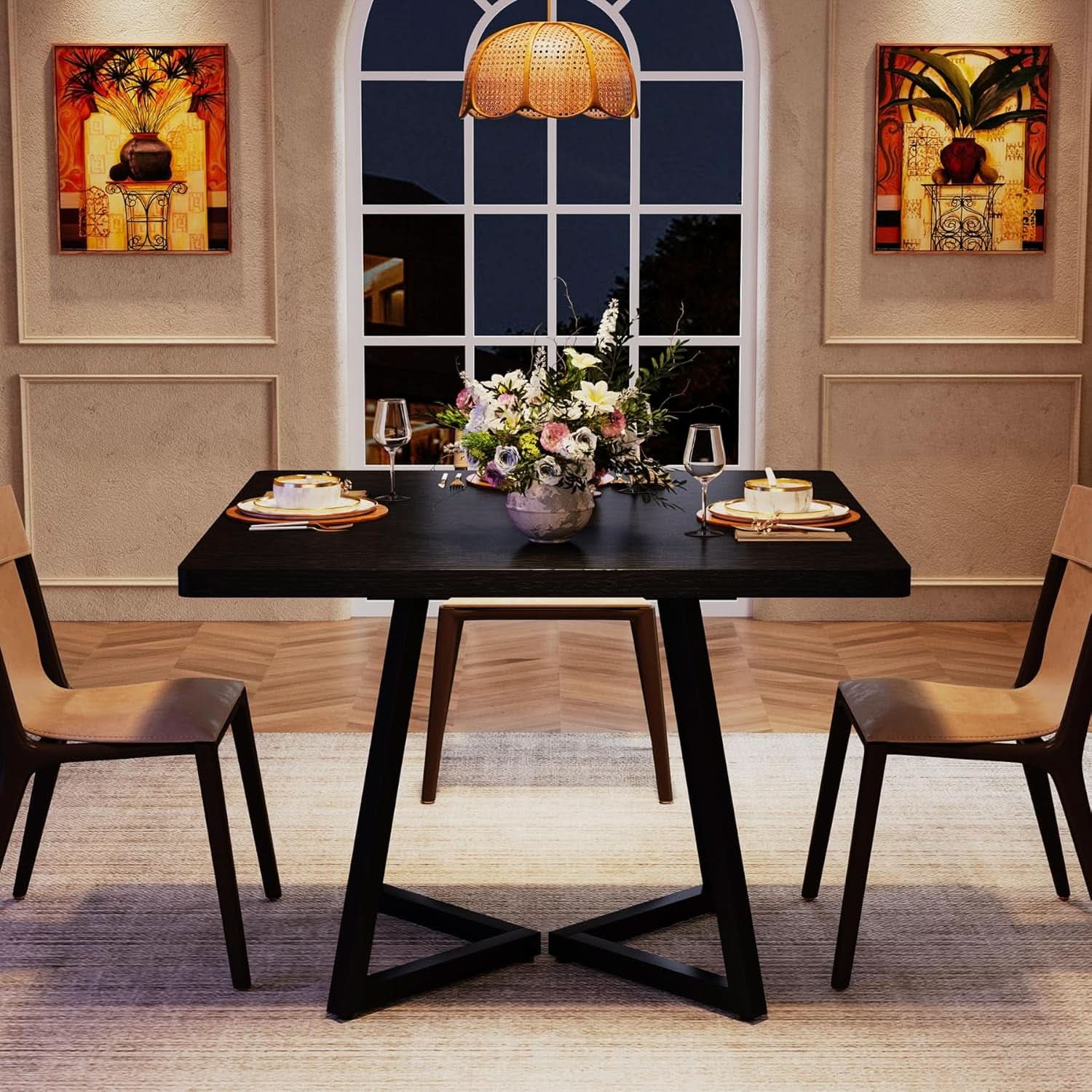Square 31.5 Inch Industrial Dining Table Black Wood Panels