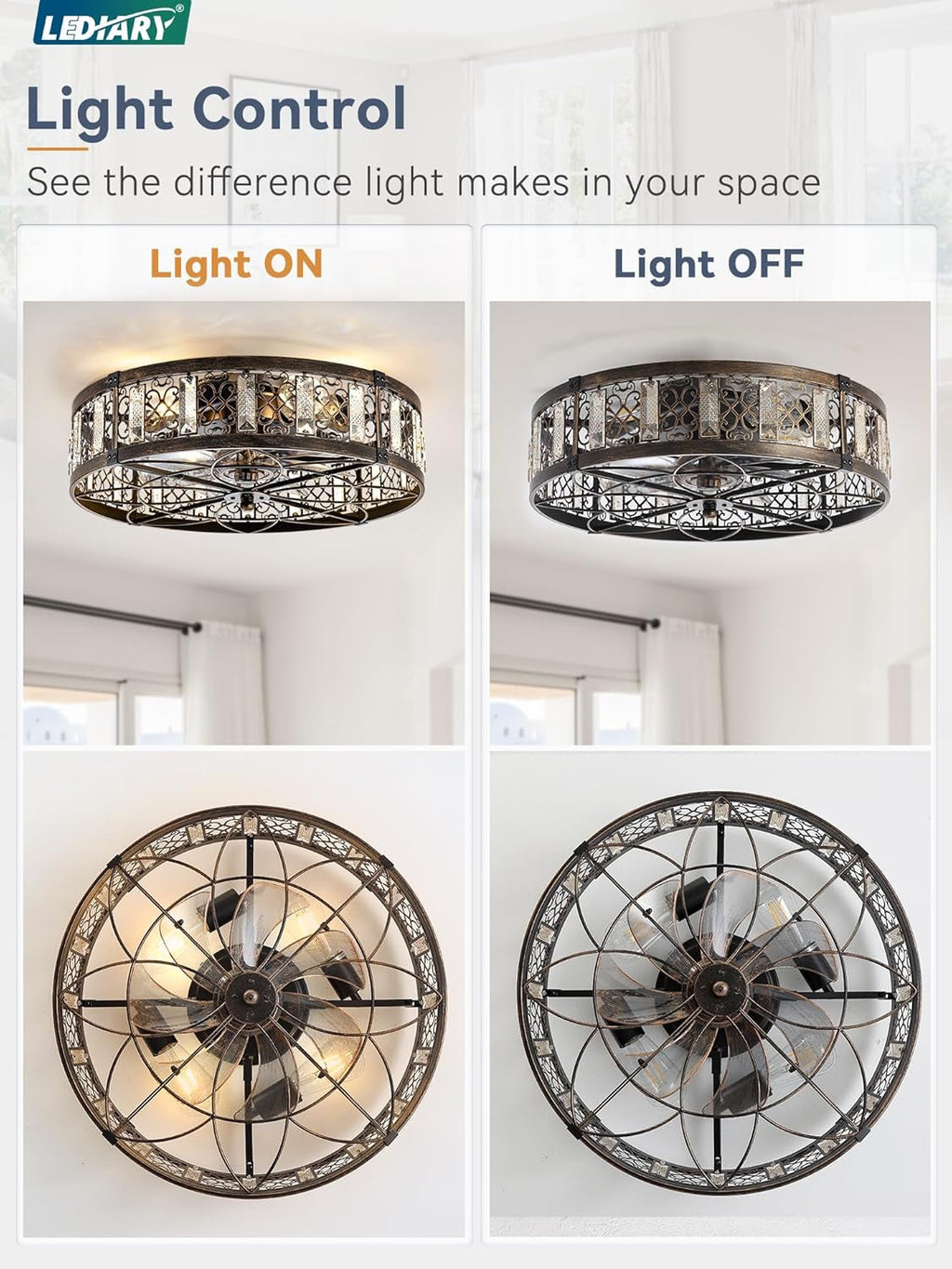 20-Inch Black Gold Caged Ceiling Fan With Integrated Light