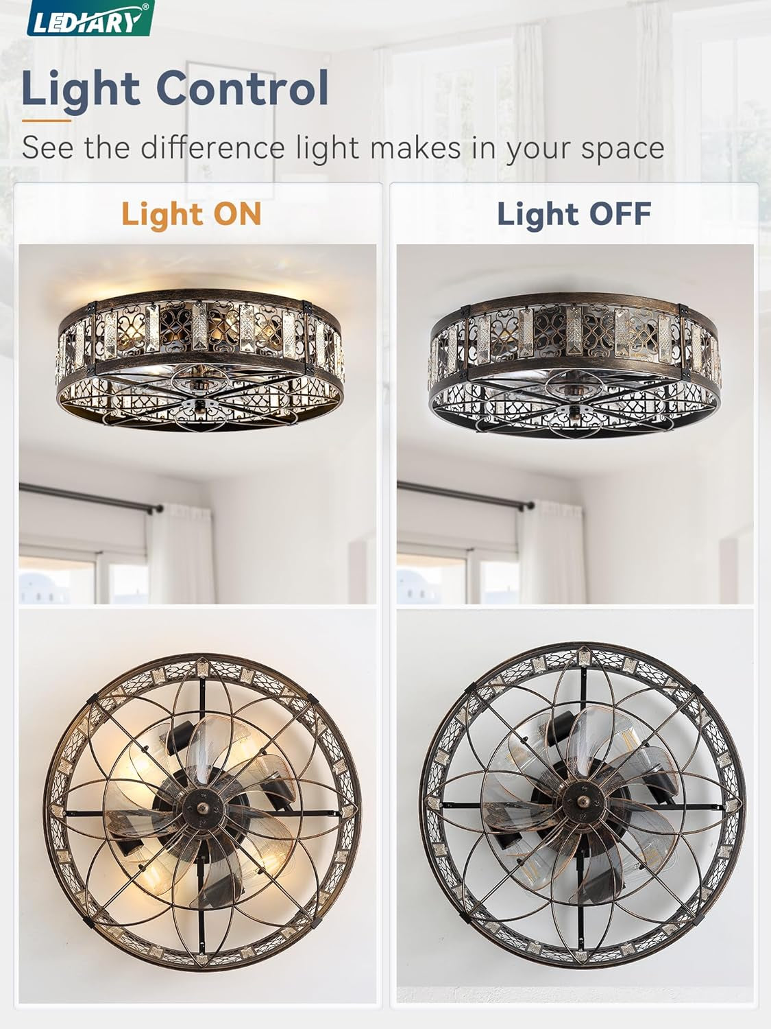 20-Inch Black Gold Caged Ceiling Fan With Integrated Light