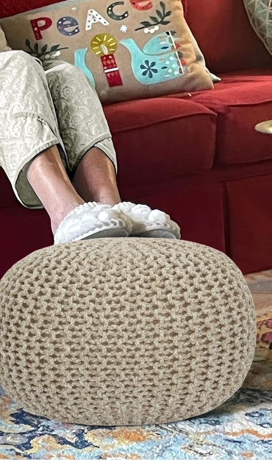 Hand Knitted Tweed Cable Pouf Ottoman, Natural, 20 Inch Diameter