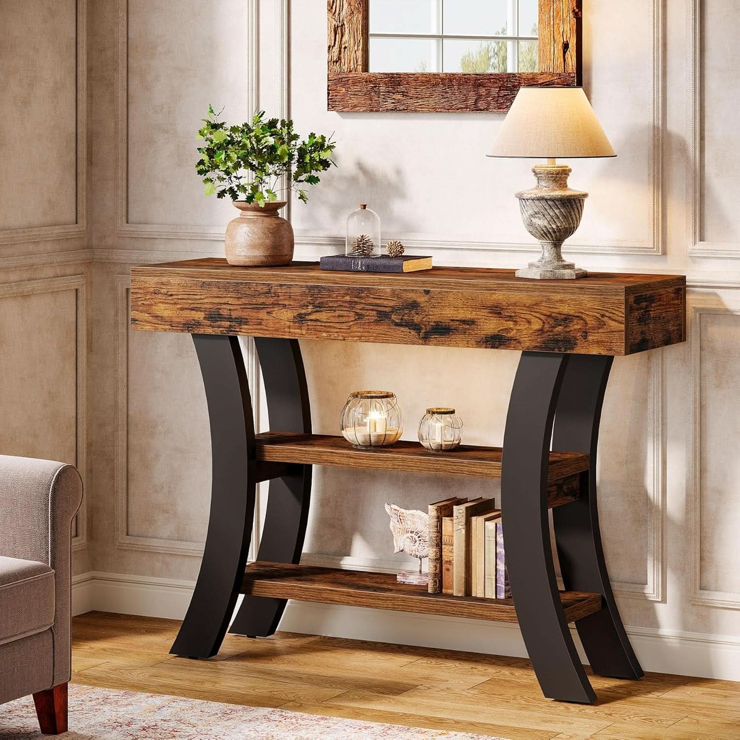 41 Inch Rustic Brown Console Table Curved Frame Shelves