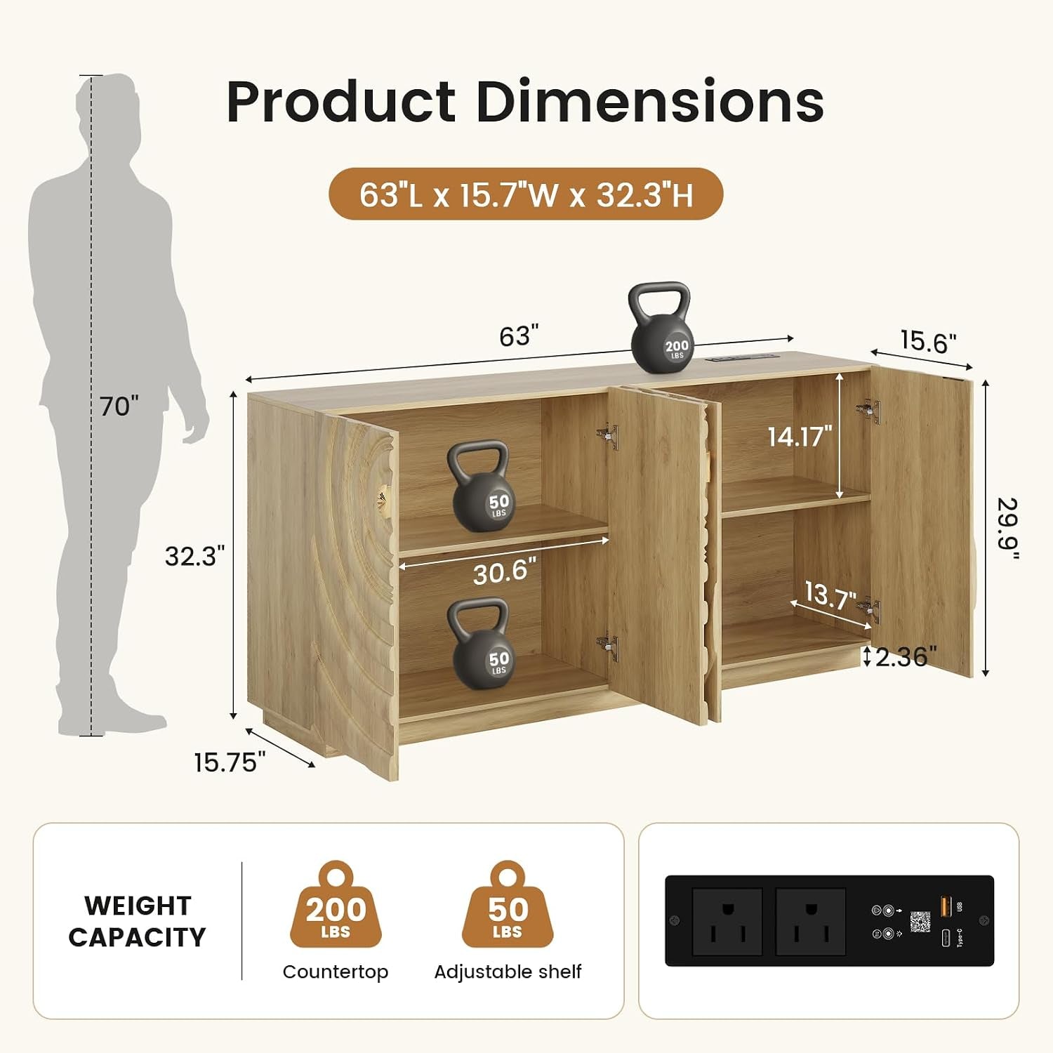 Sixty Three Inch Sideboard Cabinet RGB Lights Storage