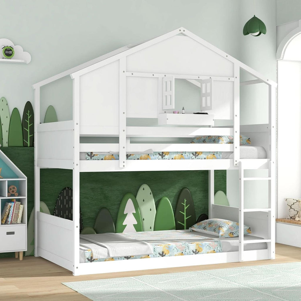 Twin Over Twin White Wood House Bunk Bed For Kids Room