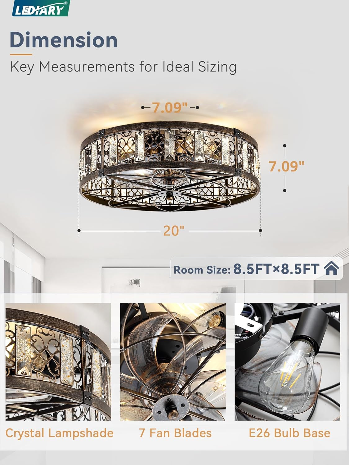 20-Inch Black Gold Caged Ceiling Fan With Integrated Light