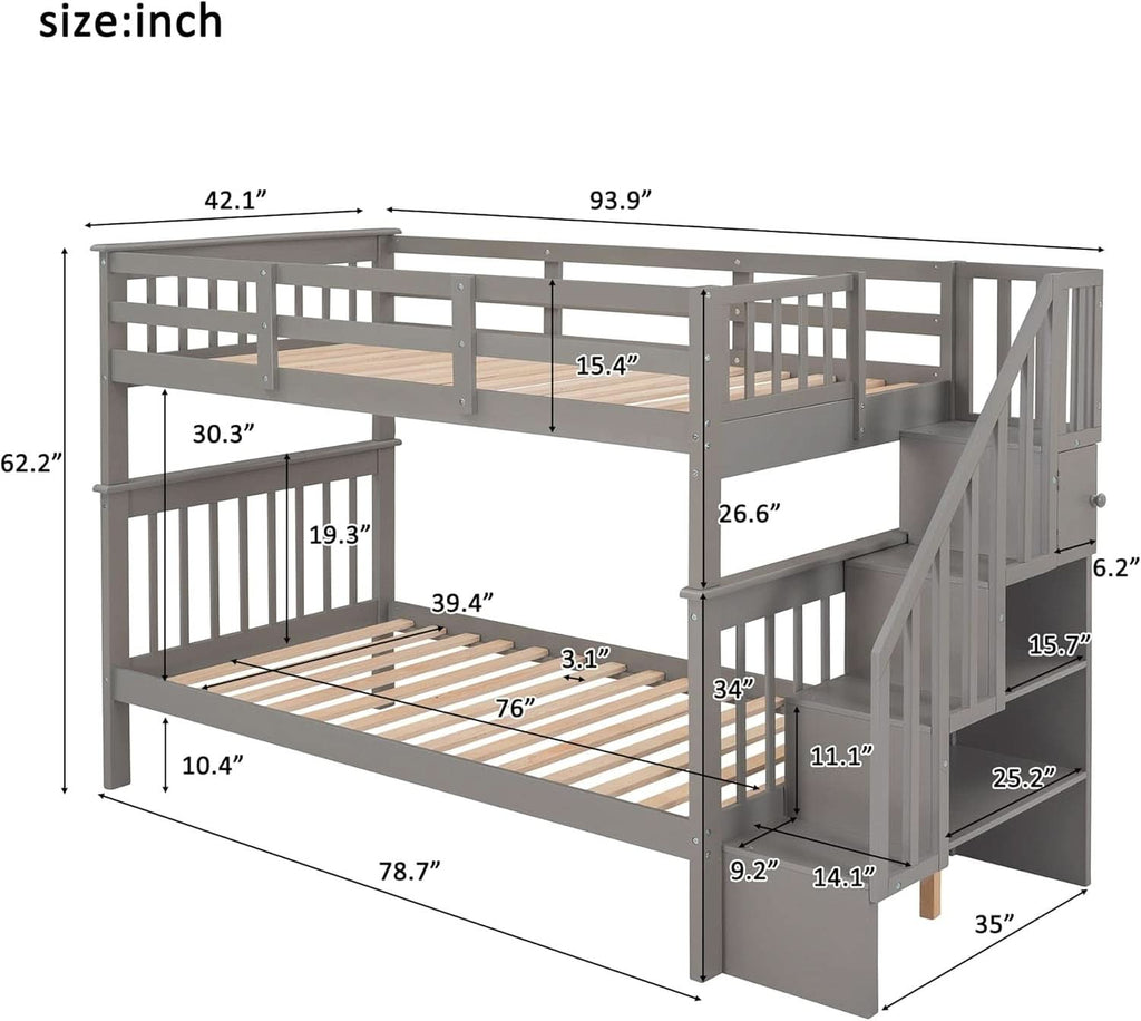 Twin Over Twin Bunk Beds With Stairs Grey For Kids Dorm
