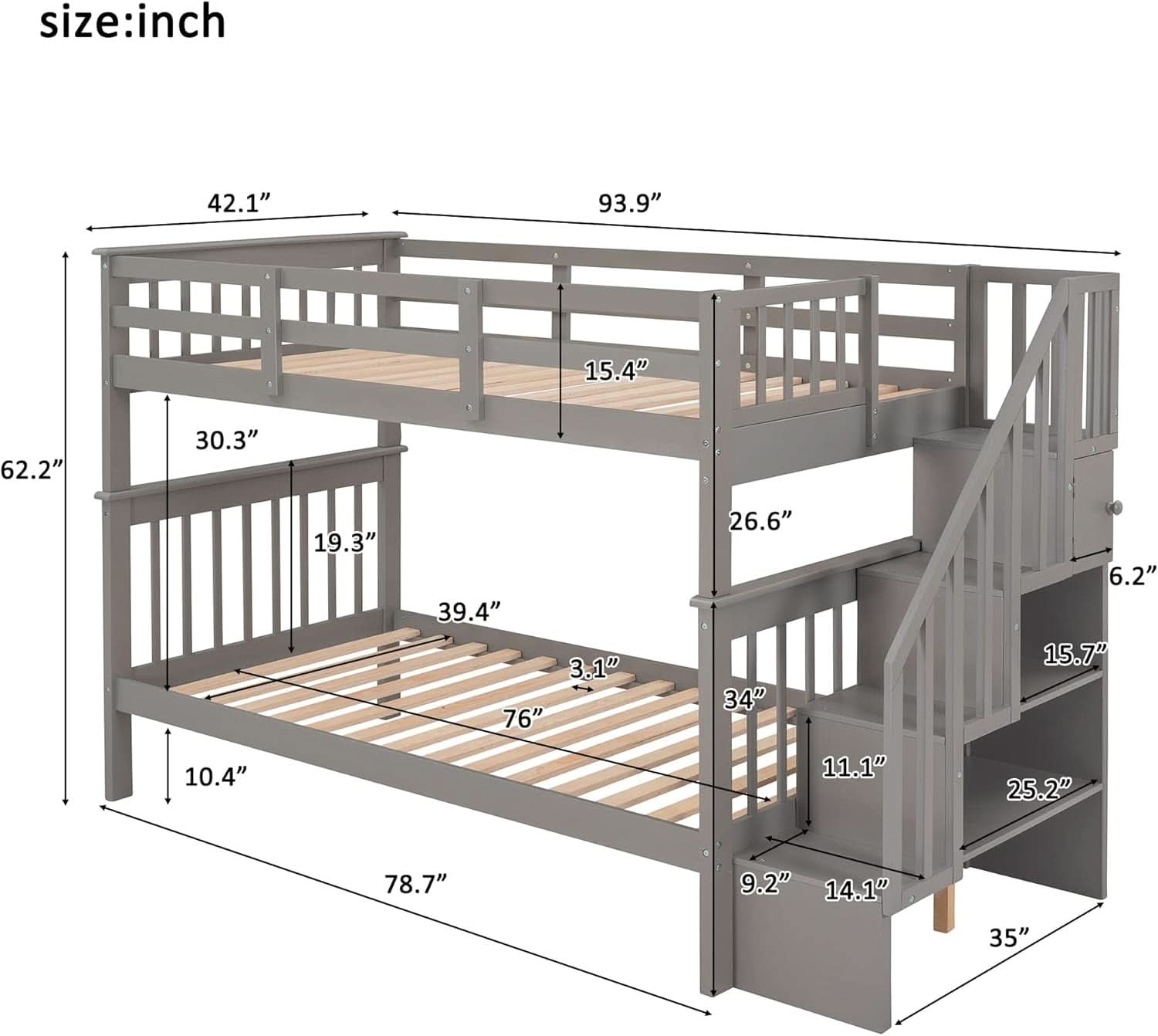 Twin Over Twin Bunk Beds With Stairs Grey For Kids Dorm