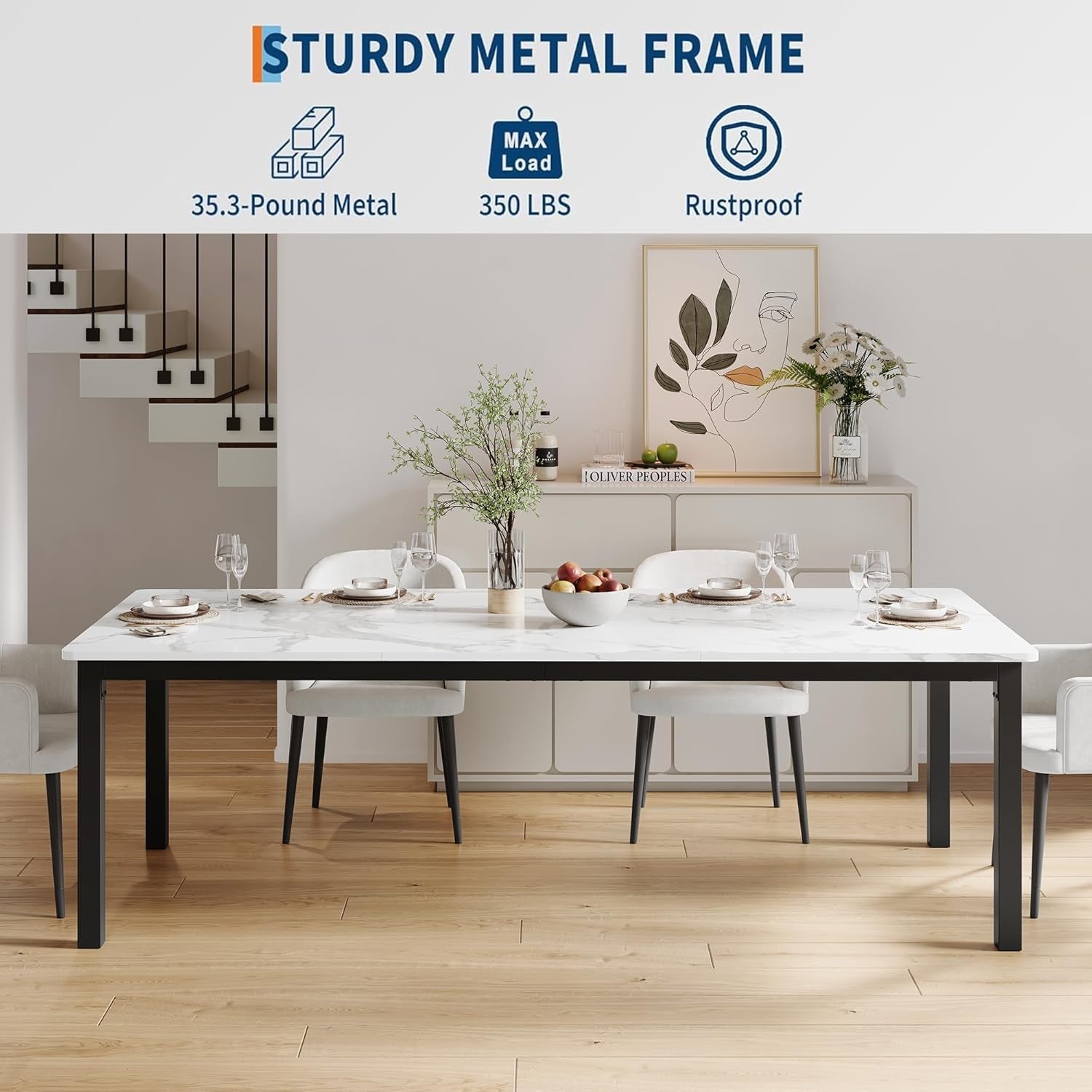 78 Inches Marble Industrial Rectangular Dining Table