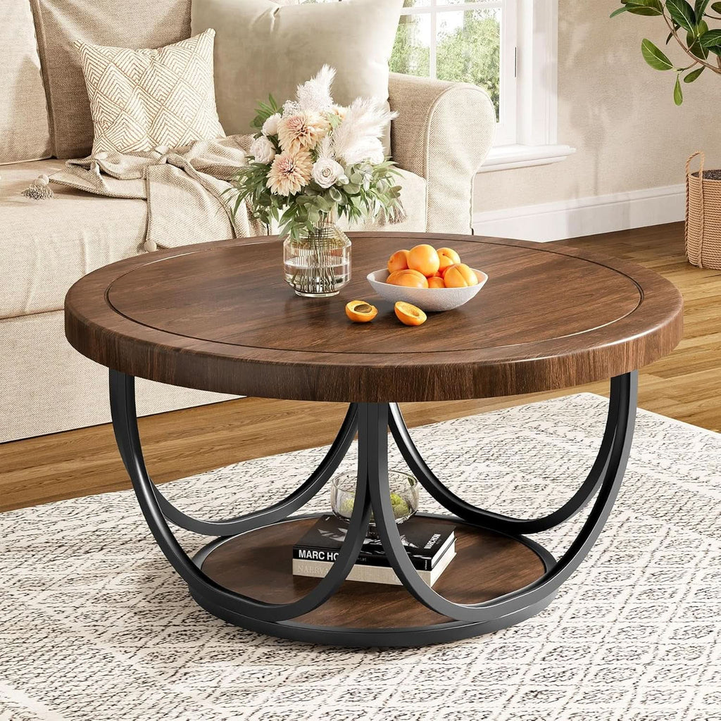 Round Coffee Table 33 Inch Brown Black Industrial Frame