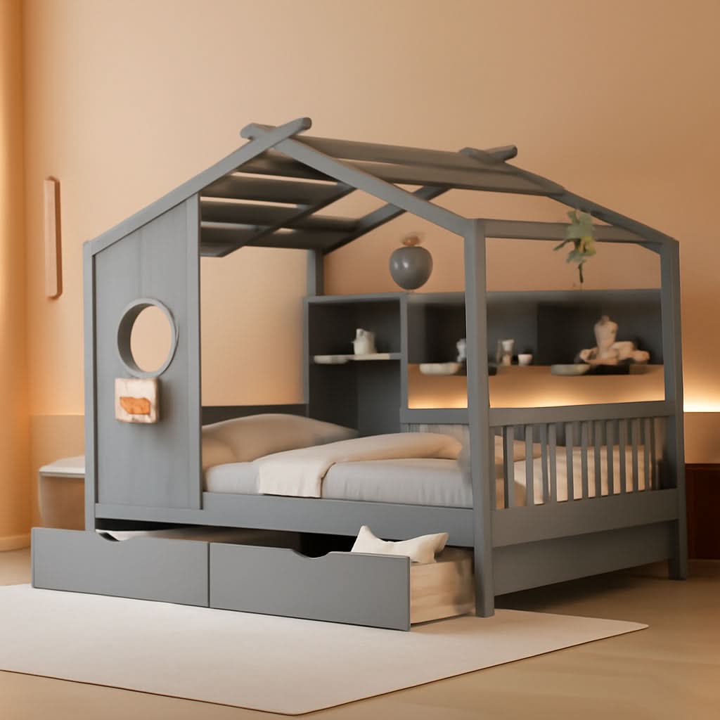 Kids Full Playhouse Bed With Drawers Shelves Storage