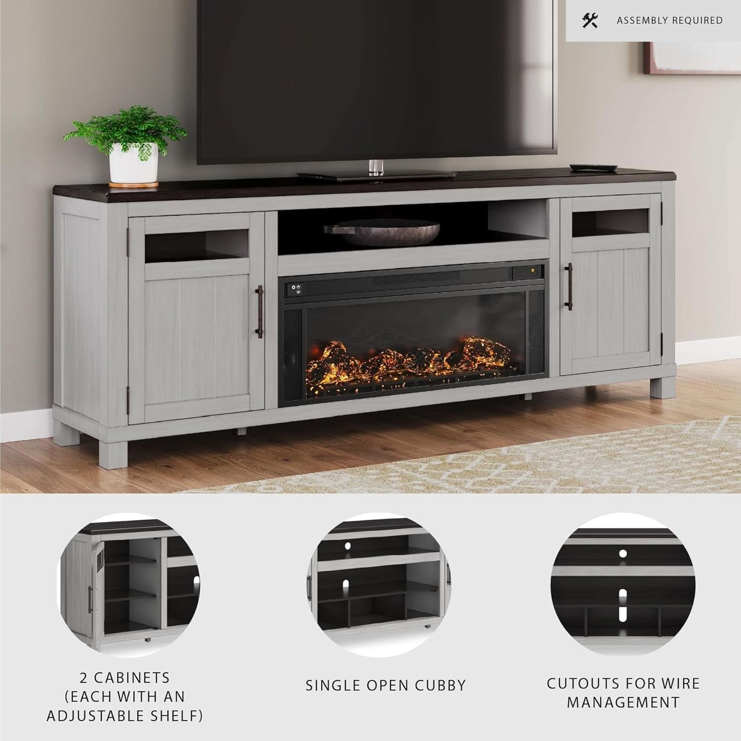 Darborn 88 Inch TV Stand Light Gray Dark Brown Electric Fire place