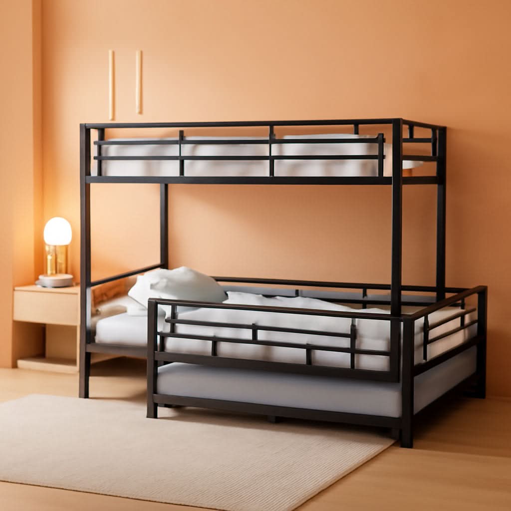 Metal Twin Size Triple Bunk Bed with Trundle, Black for Kids