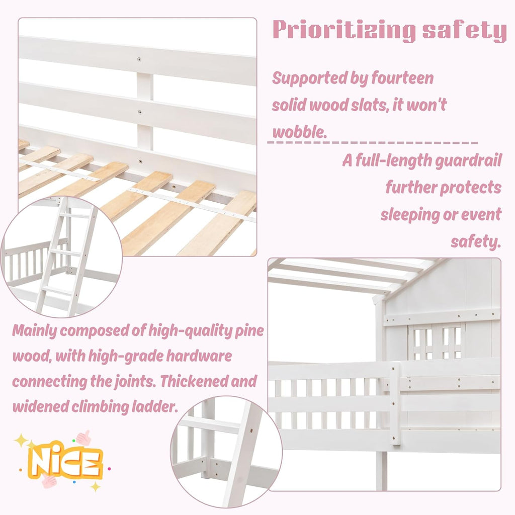 White Solid Wood Playhouse Bunk Bed Twin Over Twin With Roof Kids