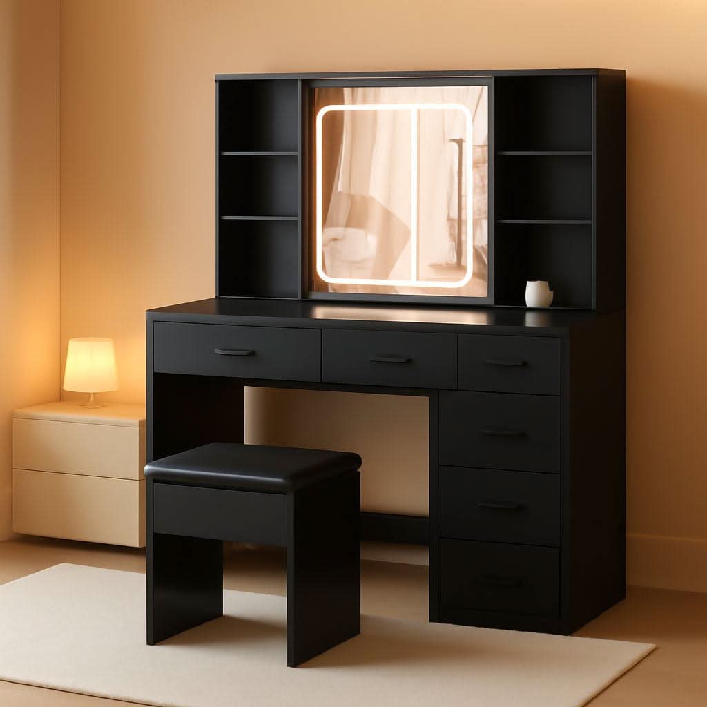 Black Vanity Desk With Large Mirror Illumination Mode