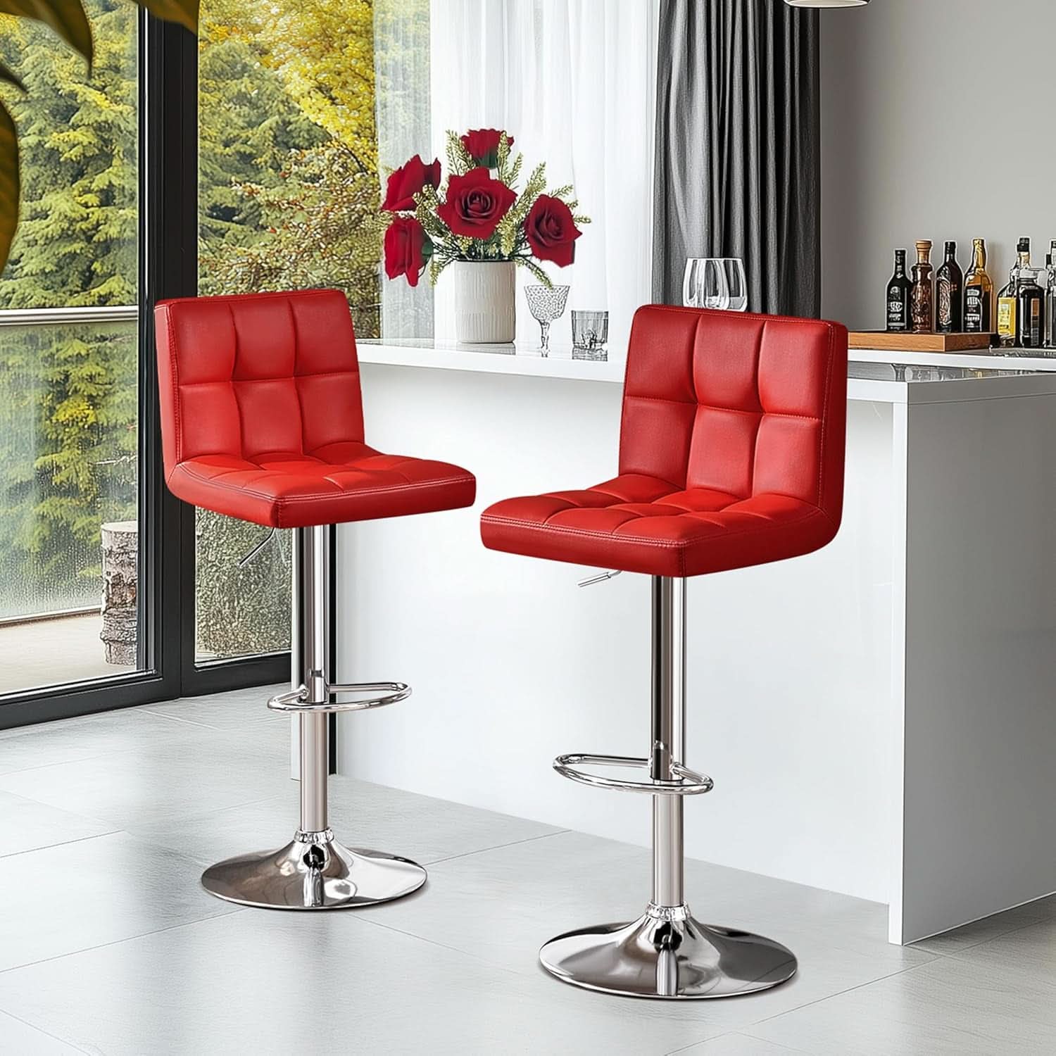 Red Adjustable PU Leather Swivel Bar Stools Set Of 2