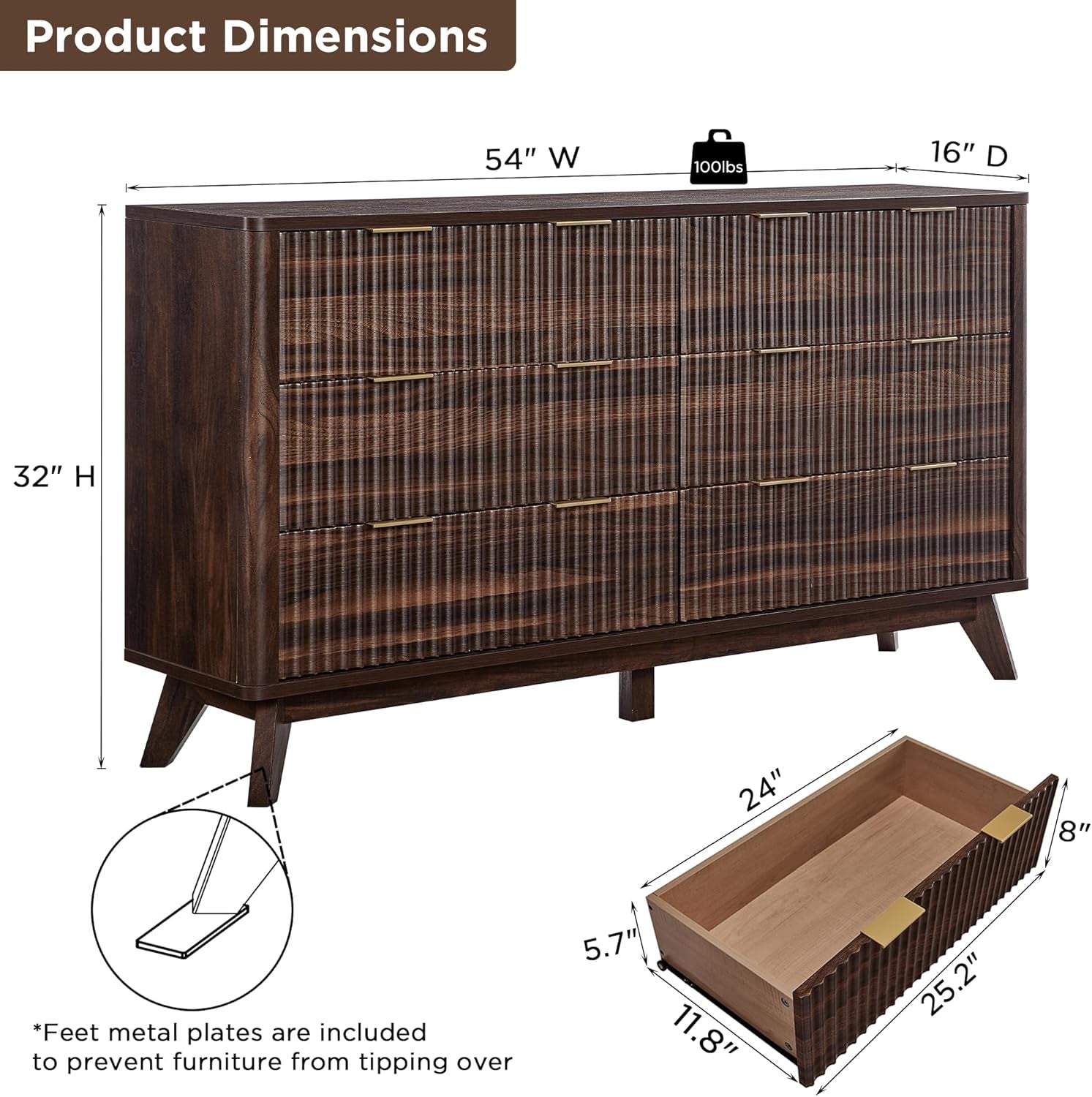 Dark Walnut Contemporary Fluted Six Drawer Dresser