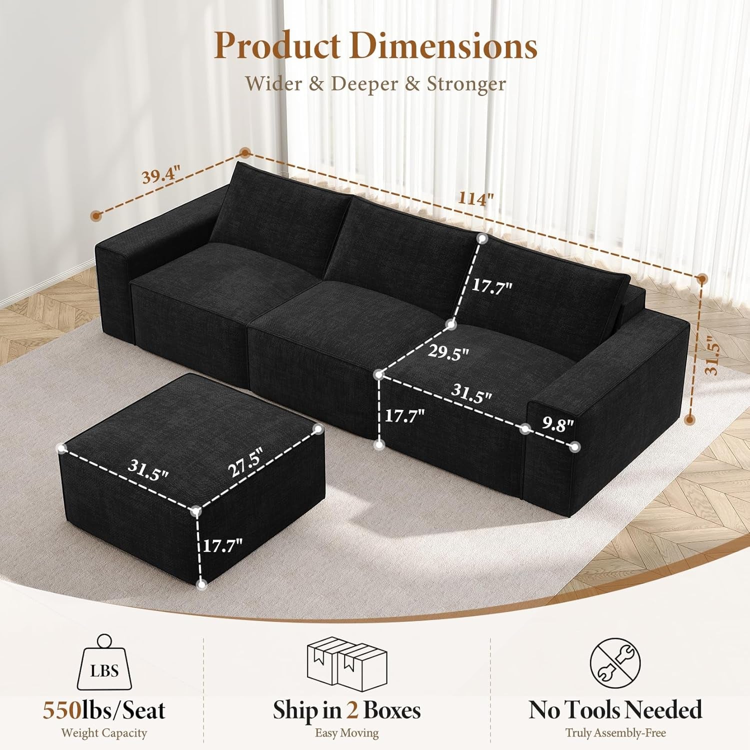 114 Inch Modular Contemporary Sectional Sofa Black