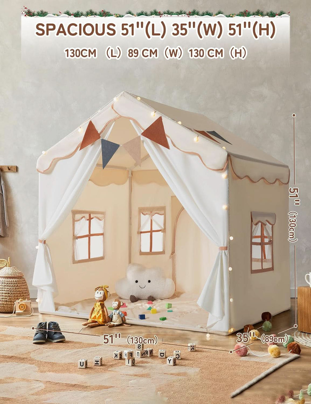 Large Kids Play Tent with Lights and Padded Mat, 51 Inch