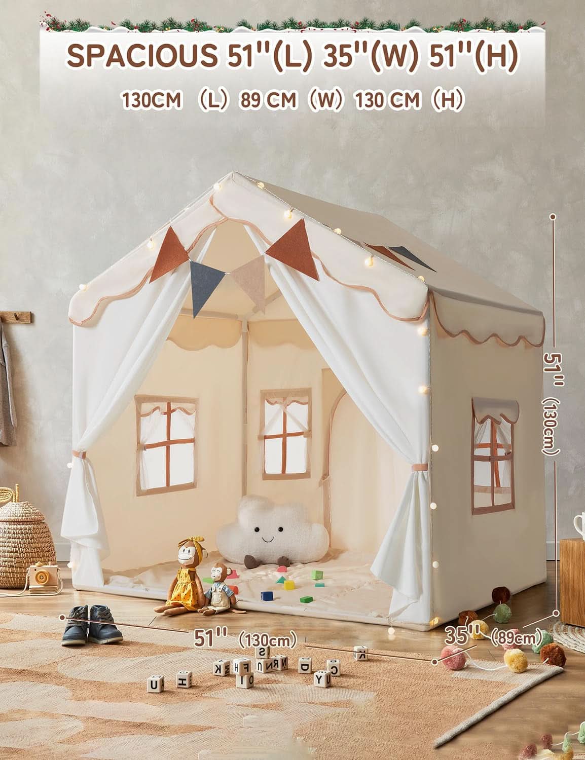 Large Kids Play Tent with Lights and Padded Mat, 51 Inch