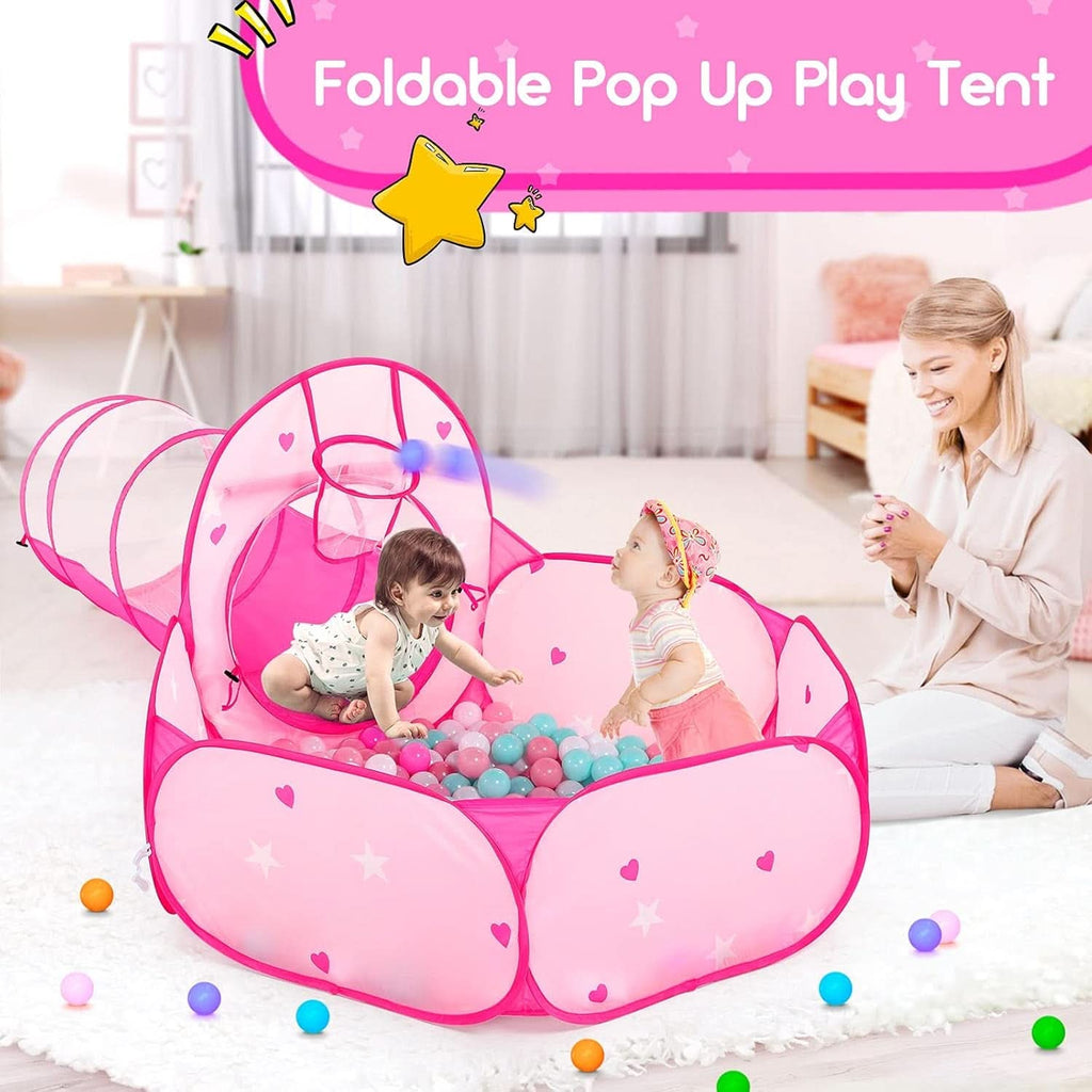 Pink 3in1 Kids Play Tent Set With Ball Pit And Tunnel