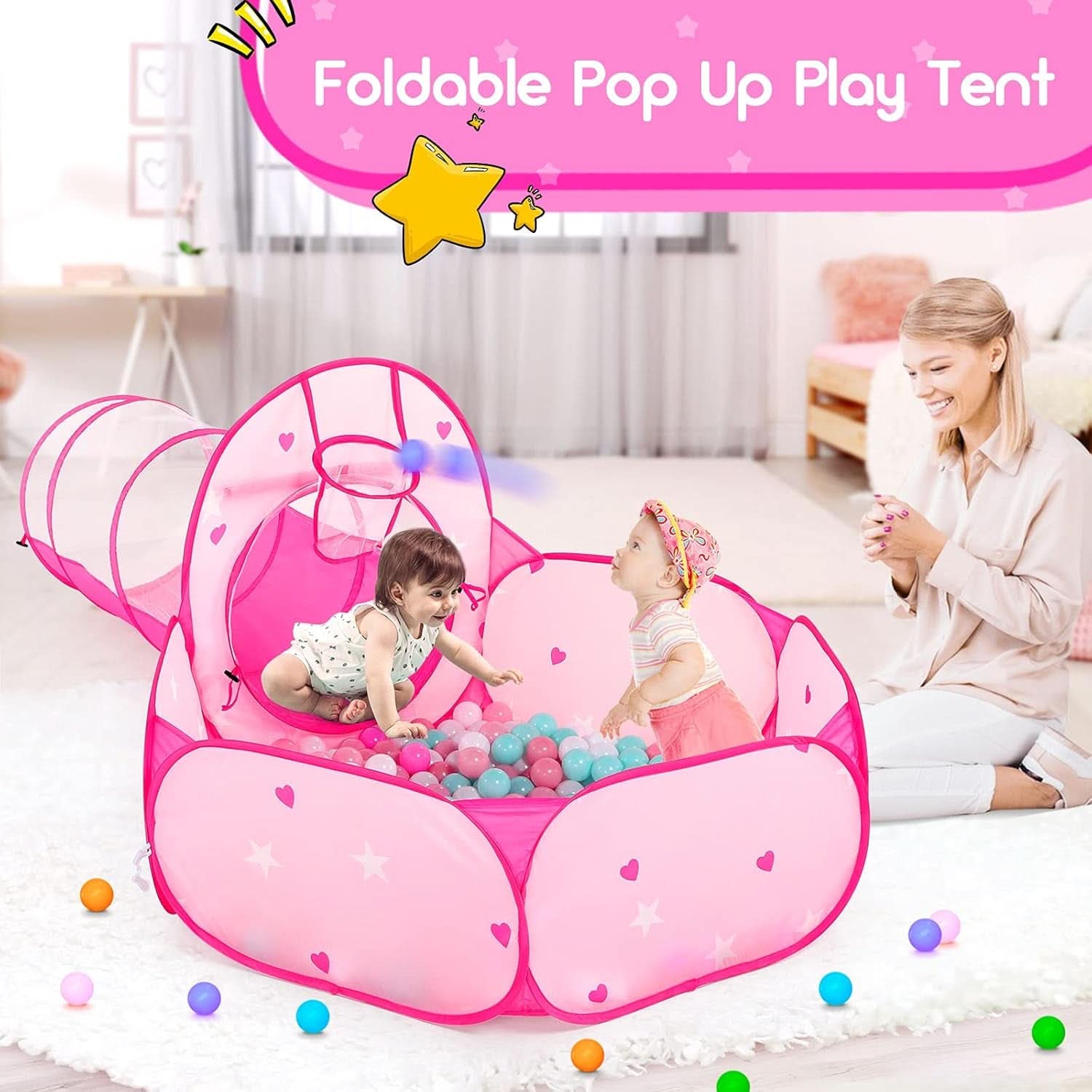 Pink 3in1 Kids Play Tent Set With Ball Pit And Tunnel