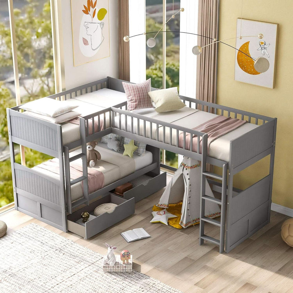 Triple Bunk Bed for Kids L Shaped Solid Wood Gray Twin Size