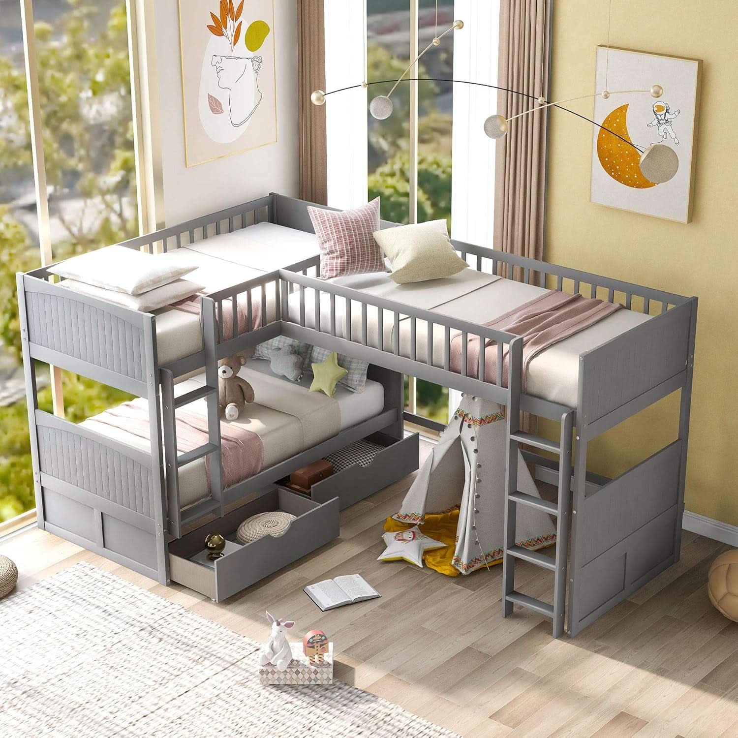 Triple Bunk Bed for Kids L Shaped Solid Wood Gray Twin Size