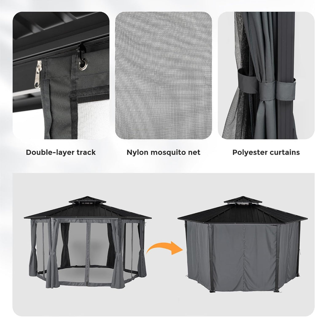 13x15 Ft Gray Hardtop Aluminum Gazebo OutdoorPatio