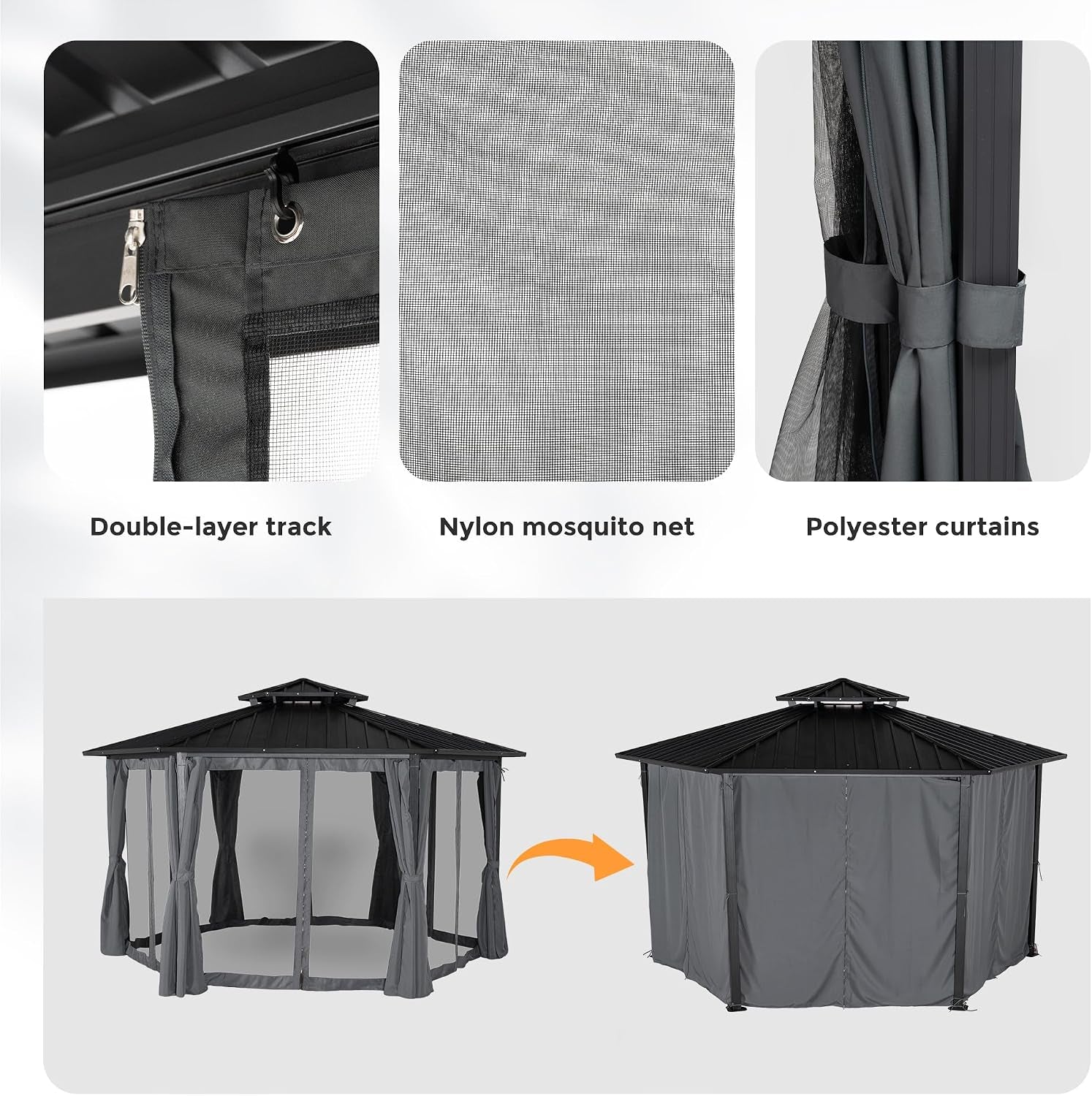 13x15 Ft Gray Hardtop Aluminum Gazebo OutdoorPatio
