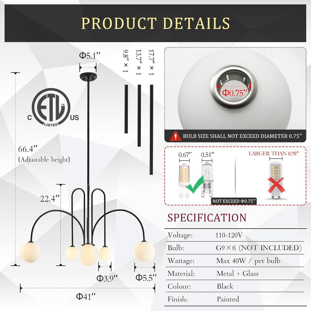 Contemporary Black Six Light Sputnik Ceiling Chandelier
