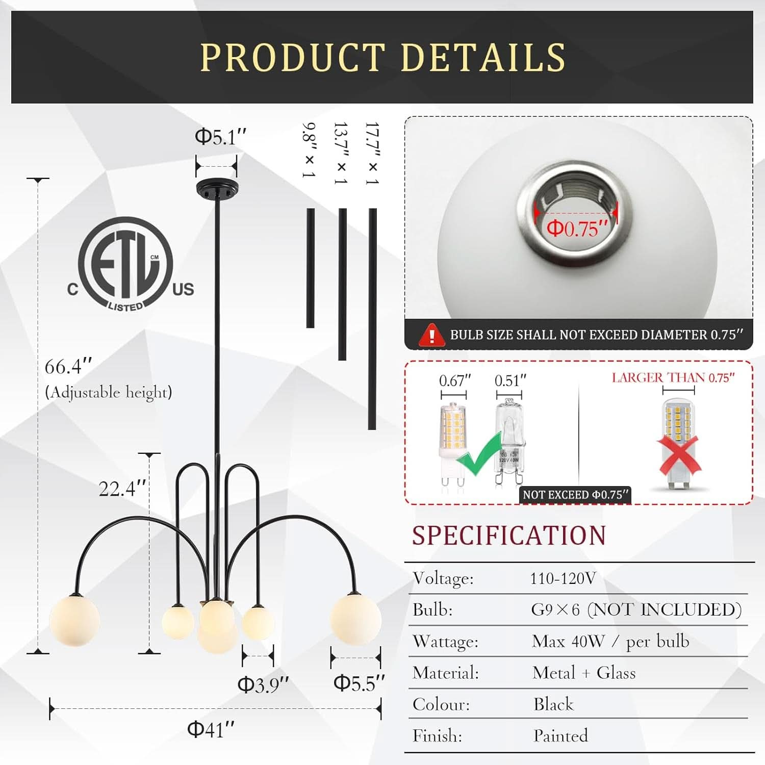 Contemporary Black Six Light Sputnik Ceiling Chandelier