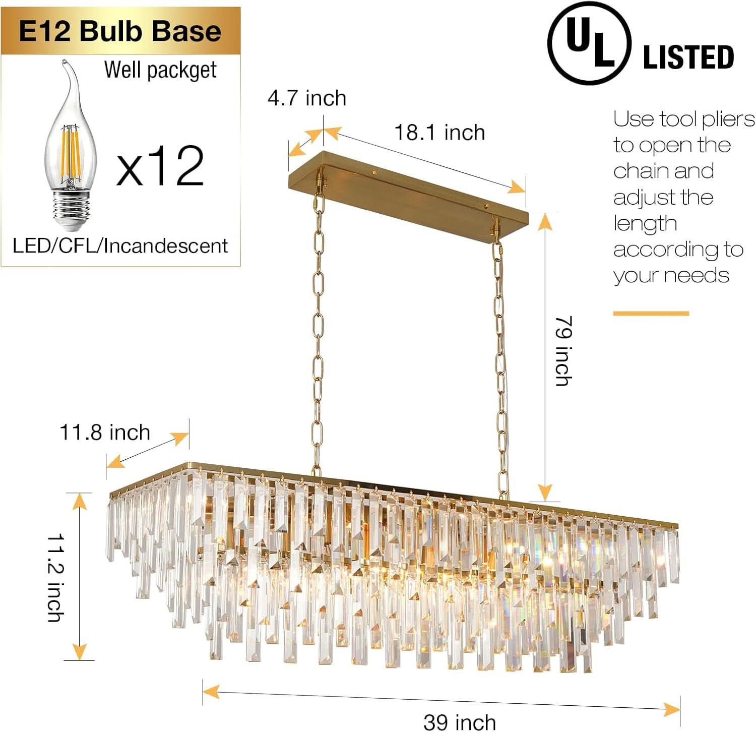 39 Inch Gold Crystal Prisms Chandelier Pendant Light