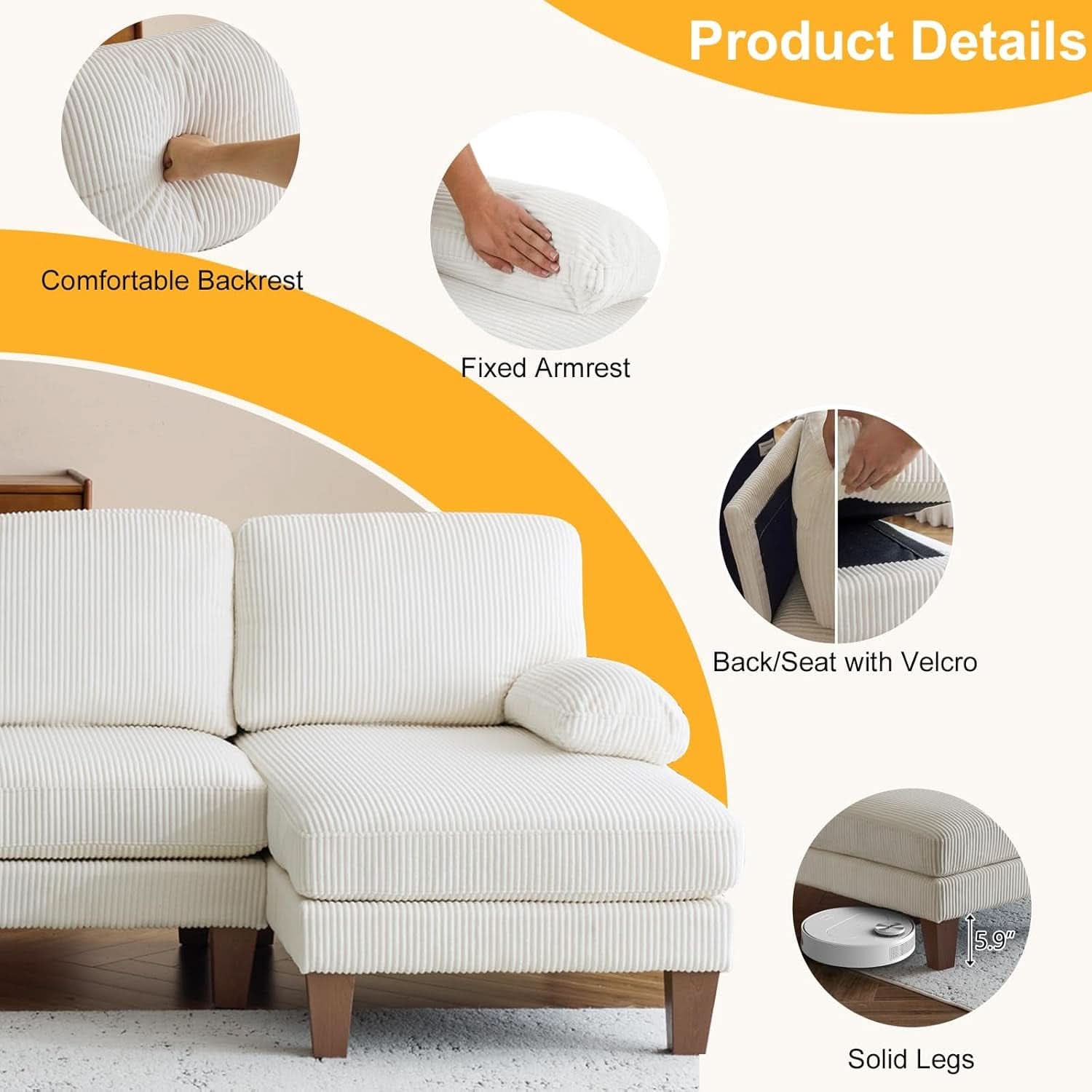 Beige 111 Inch U Shape Corduroy Sectional Sofa With Chaises