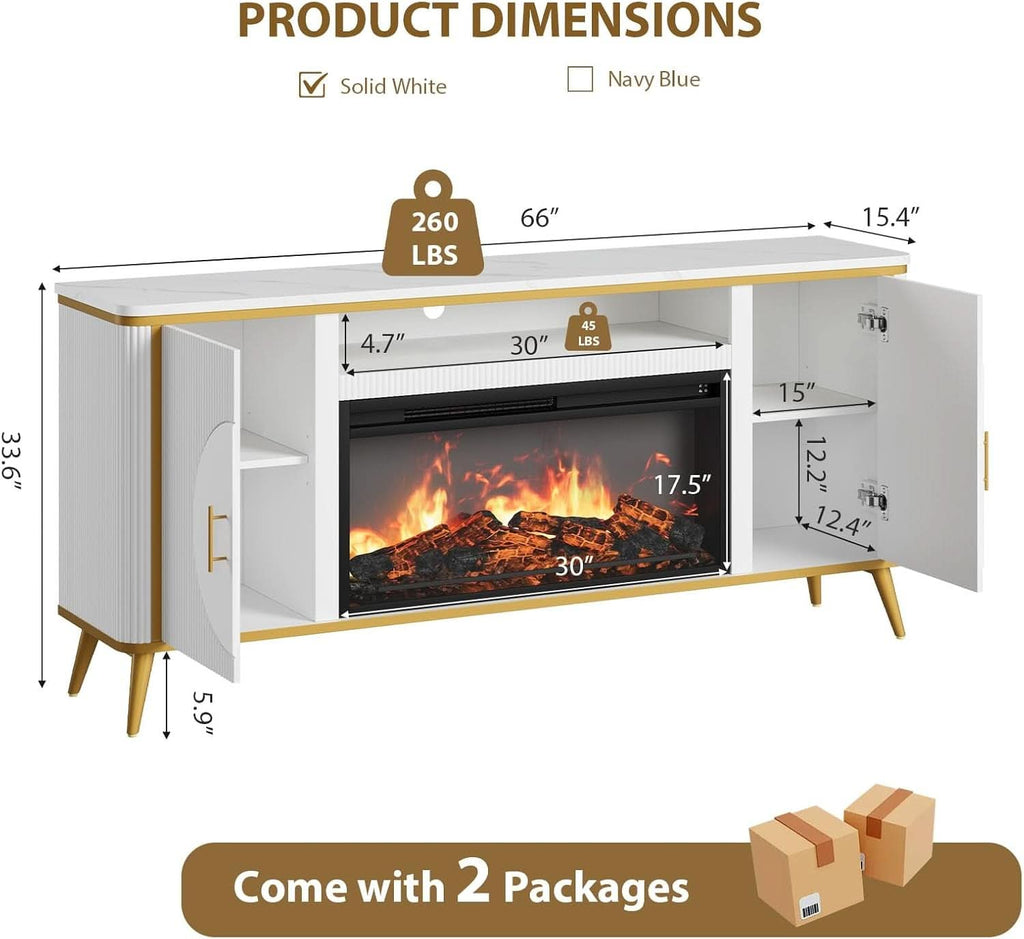 Fluted Electric Fireplace TV Console 80 Inch Arctic White