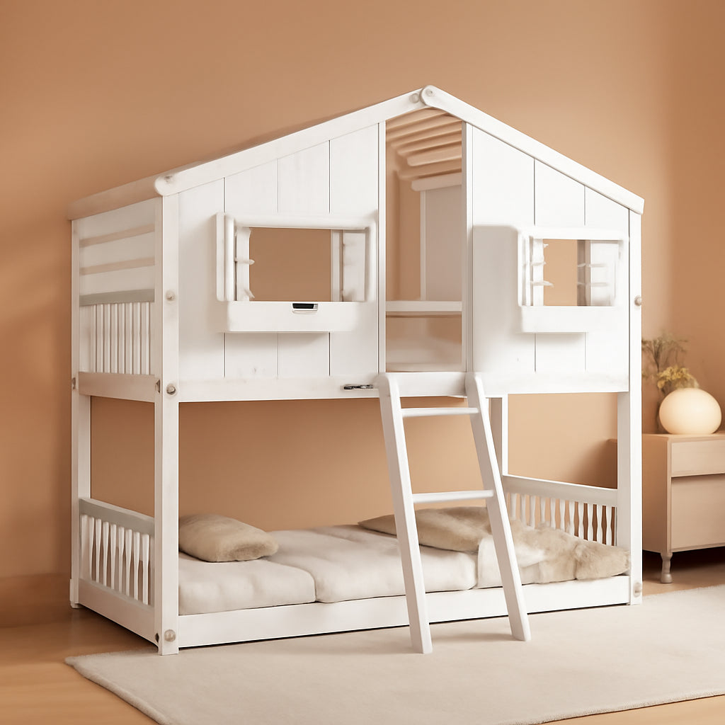 White Solid Wood Playhouse Bunk Bed Twin Over Twin With Roof Kids