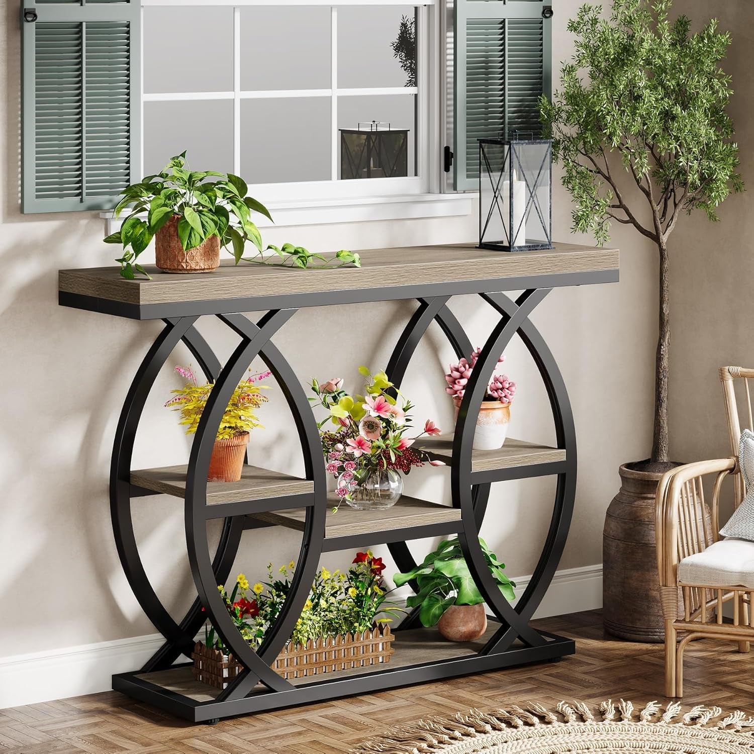 Grey Industrial 39.4in Narrow Console Table Storage